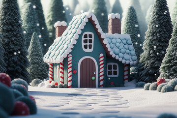 Charming gingerbread house surrounded by snowy forest, decorated with candy canes and whimsical holiday elements.