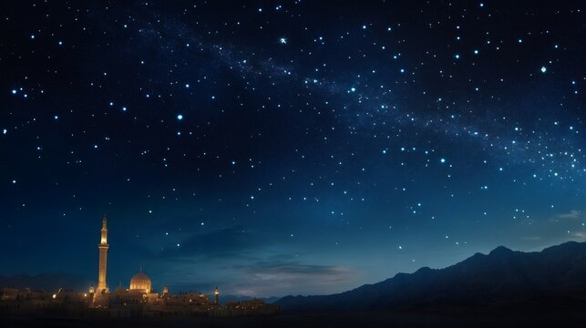 arabian nights city, enigmatic scene of an ancient arabian city under a starry night sky, featuring a grand mosque and an illuminated minaret, surrounded by a tranquil desert