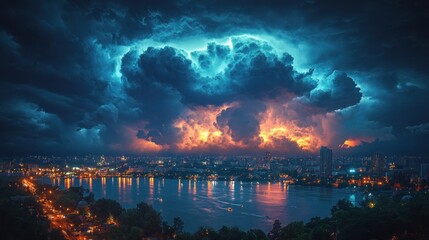Dramatic storm clouds illuminate a cityscape at dusk, reflecting on a river.