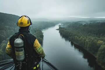 Fototapeta premium Firefighter overlooking a vast river valley landscape