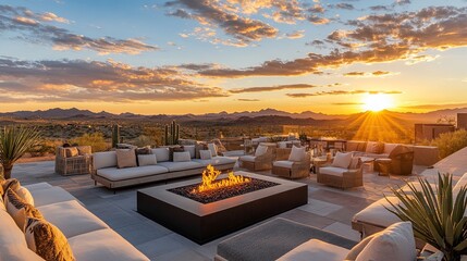 A beautiful rooftop lounge in a desert setting with modern furnishings, a fire pit, and golden hour lighting