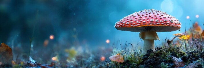 fantasy mushroom scene, amanita muscaria mushroom in an alien landscape with vibrant colors, surrounded by glowing plants and ethereal vibes white space on the right for text