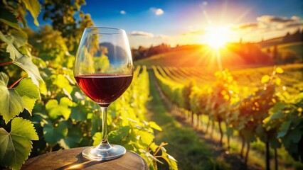 A Glass of Red Wine Against a Sunlit Vineyard, Capturing the Essence of Wine Culture and Nature's Beauty in a Serene Landscape Setting