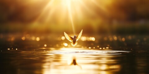 religious baptism art, close-up of tranquil baptism in the jordan river, featuring sunlight breaking through clouds and a dove representing the holy spirit