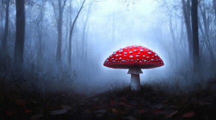 fantasy mushroom art, a glowing red amanita muscaria mushroom with bioluminescent white spots in a misty, neon-accented, futuristic forest