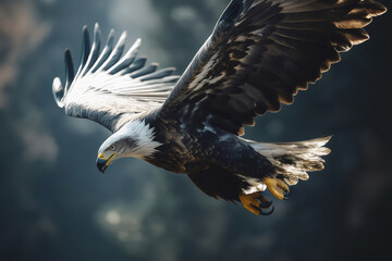 Obraz premium Majestic bald eagle soaring gracefully through the sky, hunting for prey with sharp talons extended, embodying power and freedom