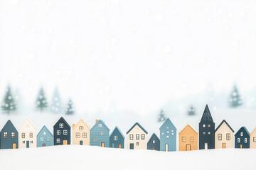 Whimsical illustration of snow-covered houses with frosty trees and a minimalist winter village design.