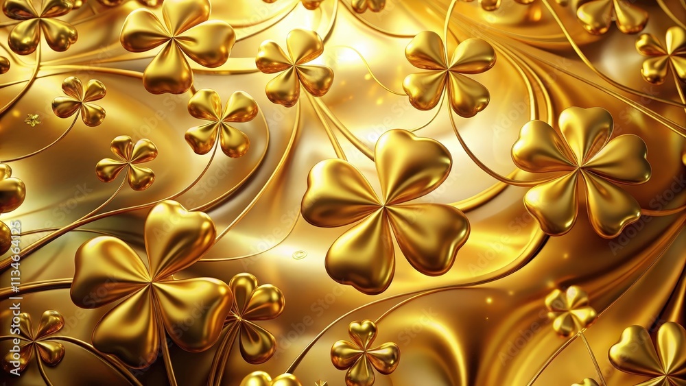 Poster golden four-leaf clovers on a shiny abstract background