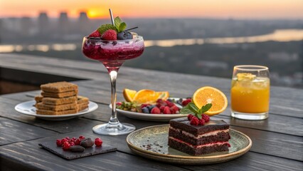 Sunset Rooftop Dessert Platter Chocolate Cake, Berry Cocktail, City View, High Angle, Food...