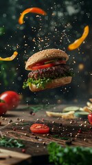 Floating Delicious Hamburger with Ingredients in Mid-Air