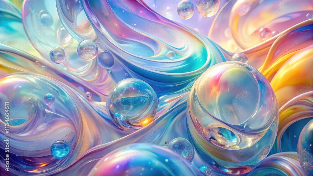 Poster abstract iridescent spheres suspended within flowing, translucent liquid, capturing the essence of a