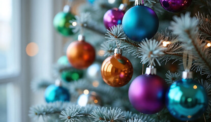 Obraz premium Close-up of a Christmas Tree Decorated with Colorful Balls and Shiny Lights next to the white window in the living room of a house.