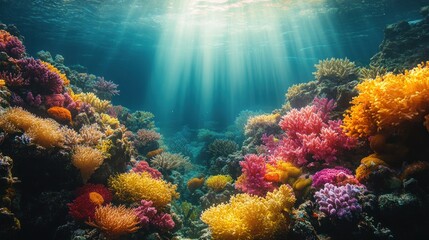 Fototapeta premium Vibrant underwater scene showcasing colorful coral reefs illuminated by sunlight.