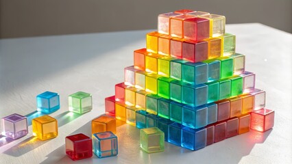 Rainbow Cube Pyramid Translucent Blocks Composition, Abstract Art, Sunlight, Geometry, Color, Light Keywords Abstract, Sculpture