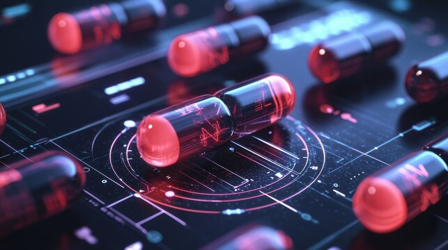 Red pills and futuristic medicine abstract science visualized on digital interfaces