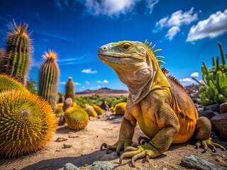 Fototapeta premium A Land Iguana Relaxing Beside a Cactus in the Galapagos Islands, Showcasing the Unique Flora and Fauna of This Ecological Paradise with Ample Copy Space for Text