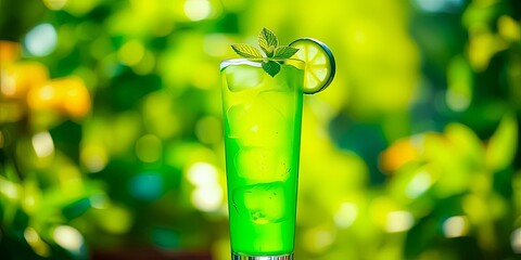 Refreshing Green Citrus Beverage with Ice and Mint Garnish in a Tall Glass Outdoors