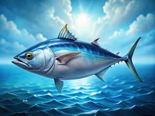 Naklejka premium Miniature bluefin tuna, hand-drawn, swims in a tilt-shift ocean, captivating miniature marine life.