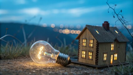 Illuminating Dreams Glowing Lightbulb and Miniature House at Dusk, Energy Efficiency, Home Lighting Energy efficiency, home lighting