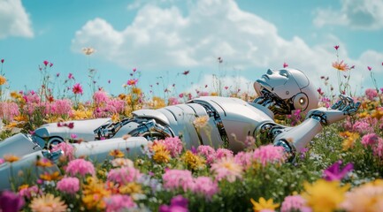 robot resting in blooming field