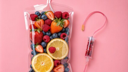 Fruit IV Drip Bag Strawberries, Blueberries, Raspberries, Lemon, Pink Background, Healthy Concept IV drip, fruit infusion