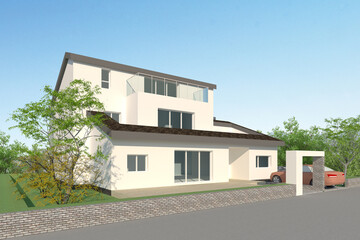 modern house in the park, 3D Perspective Architectural Rendering of a Two-Story Modern House Design
