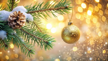 A Golden Ornament Hangs From a Pine Branch Covered in Snow, with a Bokeh Background of Golden Lights