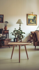 Empty wooden table top with blurred living room interior background. Space for product display and montage.