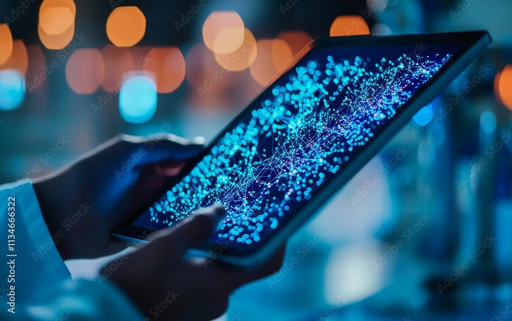 Poster a glowing tablet displaying vibrant data visualization in a lab setting, highlighting the fusion of 