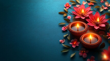 Diwali Festive Candles, Flowers, Teal Background