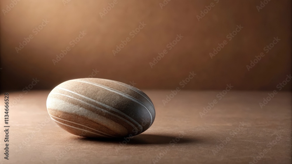 Aufkleber A striped, smooth stone rests upon a textured, brown surface with a soft, warm light emanating from the left side.