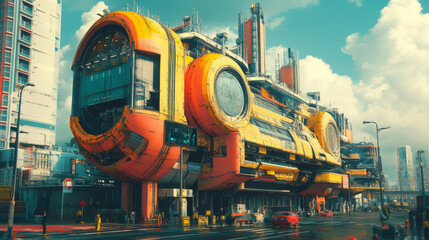 Naklejka premium Futuristic Cityscape: Autonomous Facility, Vibrant Yellow and Orange Architecture, Sci-Fi Building