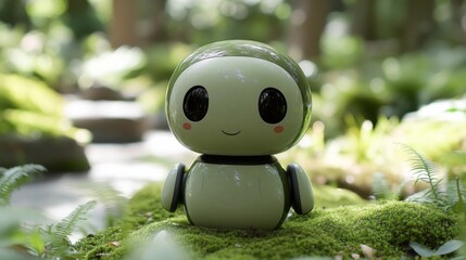 Naklejka premium Close-up of a small robotic creature in a lush green garden