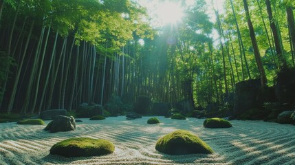 Serene Japanese zen garden with raked sand patterns, lush green moss, smooth river rocks, bamboo forest backdrop, gentle water stream, peaceful ambiance, and soft natural sunlight