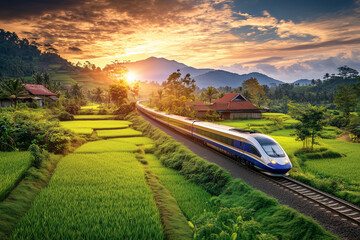 Fototapeta premium A high-speed train racing through lush green paddy fields with golden sunlight reflecting off the train with copy space. Soft warm light.