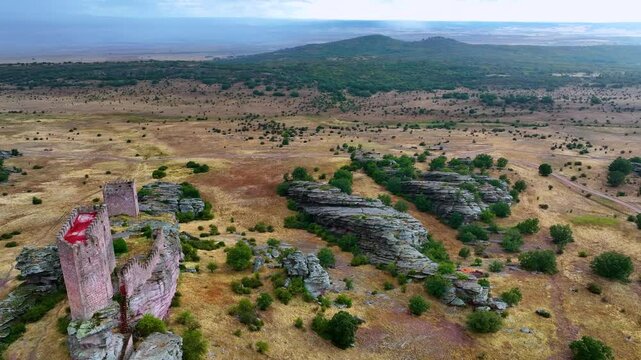Landscape at the castle of Zafra (12th century). Municipality Campillo Due&ntilde;as. Aerial view from drone. Molina Alto Tajo Geopark. Alto Tajo Natural Park. Guadalajara. Castilla la Mancha. Spain. Europe