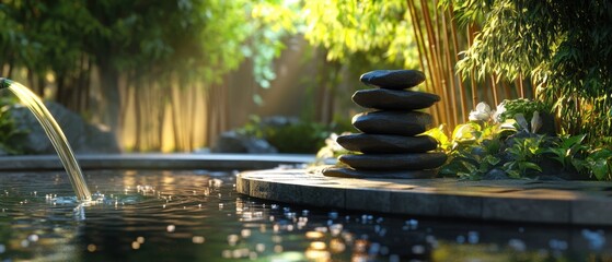Tranquil zen garden concept with balanced stone stacks, rippling water pond, soft ambient glow, peaceful foliage, minimalistic raked patterns, and bamboo water spout
