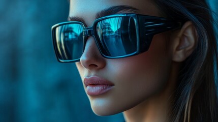 Side profile of a woman in sleek futuristic blue sunglasses