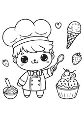 Coloring page design cute chef with ice cream 