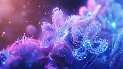 Naklejka premium Glowing Fluorescent Flowers: 3D Render of Purple and Blue Luminescent Blossoms