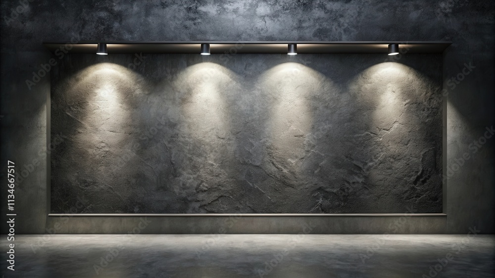 Poster a dimly lit concrete wall with spotlights highlighting the rough texture and providing a dramatic ba