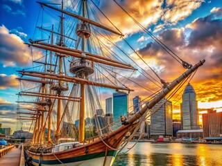 Obraz premium A Majestic View of Masts and Rigging on a Historic Square-Rigger in an Urban Environment, Capturing the Blend of Nautical Heritage and City Life