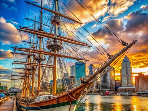 A Majestic View of Masts and Rigging on a Historic Square-Rigger in an Urban Environment, Capturing the Blend of Nautical Heritage and City Life