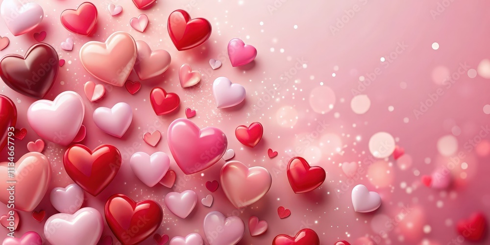 Leinwandbilder A collection of heart-shaped objects scattered across a pink background, creating a festive and romantic visual with soft light and bokeh effect.