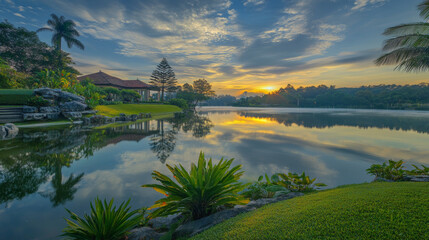 Obraz premium Sunrise Serenity: Garden Reflection, Peaceful Lake, Tropical Landscape