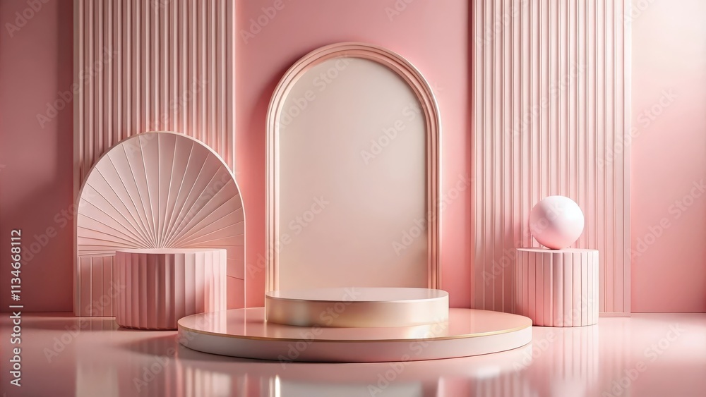 Poster abstract minimalist pink and gold geometric display with arch, sphere, and circular platforms