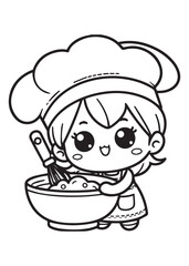 Coloring page cute girl chef ready work make cake 