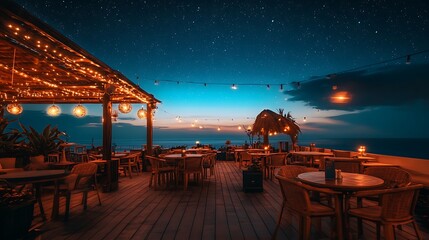 Romantic Oceanside Restaurant Under Starry Night