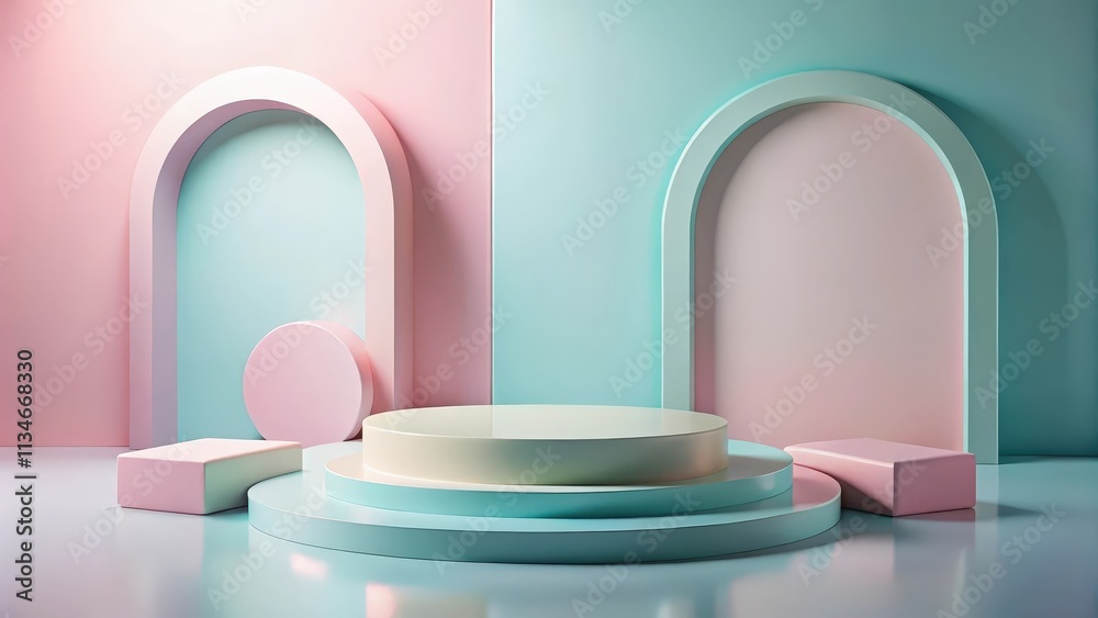 Leinwandbilder Minimalist Abstract Pastel Background with Circular Platform for Product Display and Geometric Archways