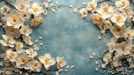 Fototapeta premium Elegant Daffodils & Lace on Blue Texture